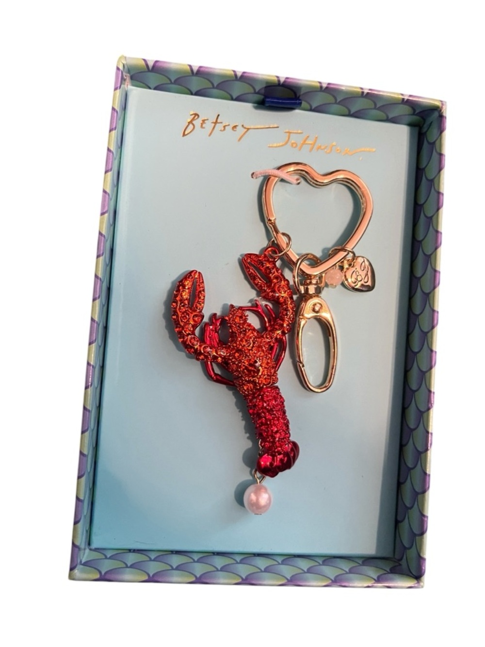 Betsey Johnson Red Rhinestone Lobster Keyring with Pearl Charm Box Set